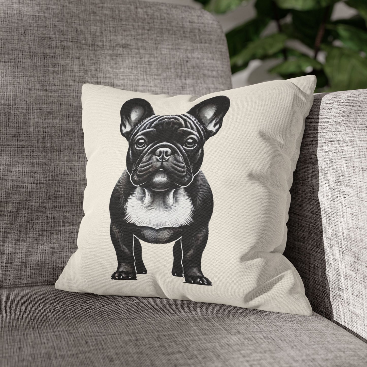 Cream colored pillowcase with black and white portrait of a french bulldog on a couch