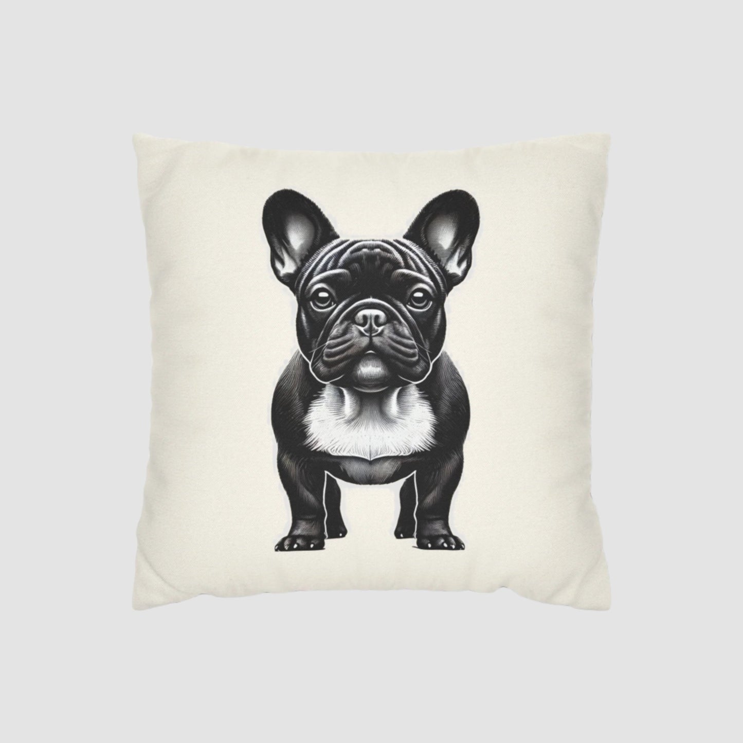 Cream colored pillowcase with black and white portrait of a french bulldog