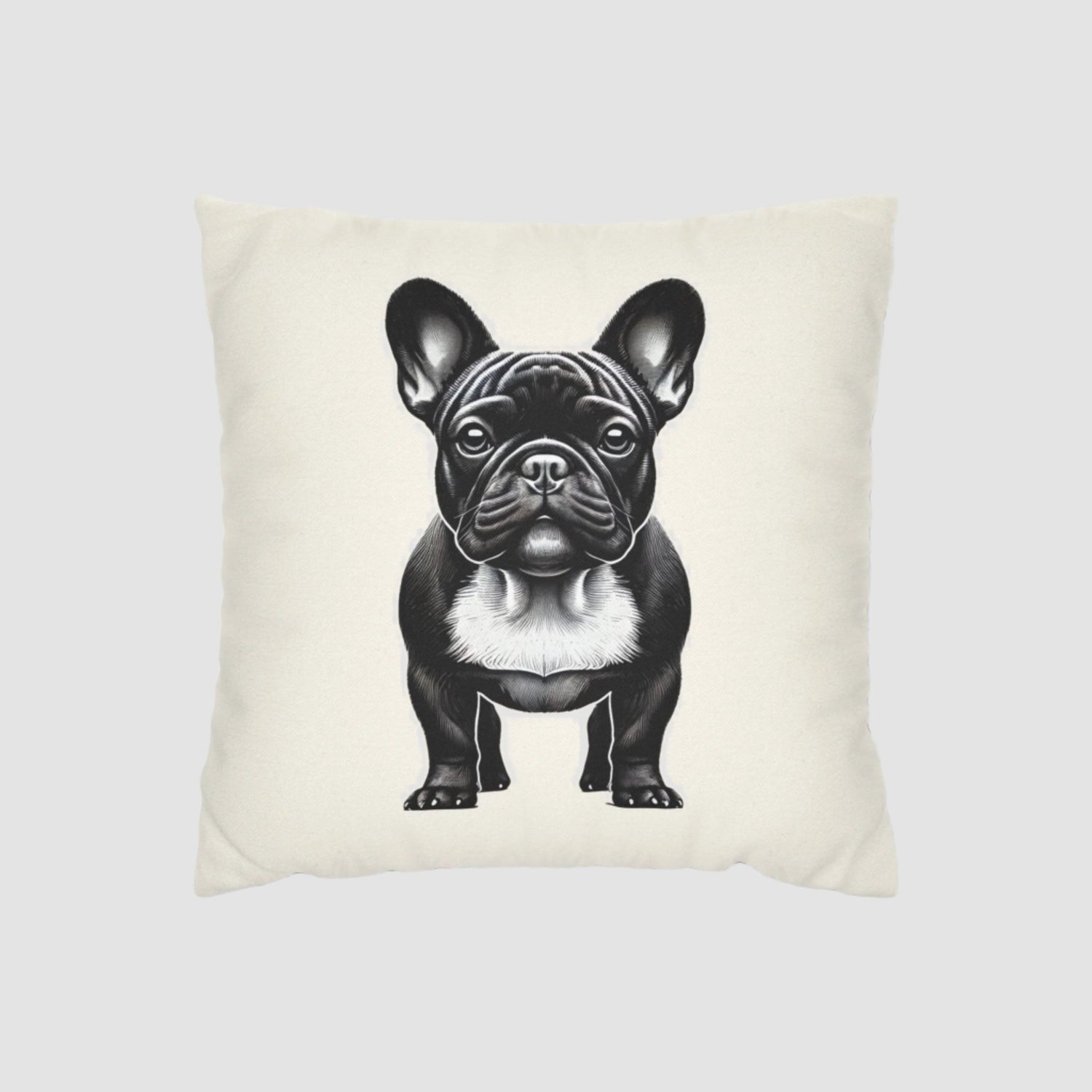 Cream colored pillowcase with black and white portrait of a french bulldog