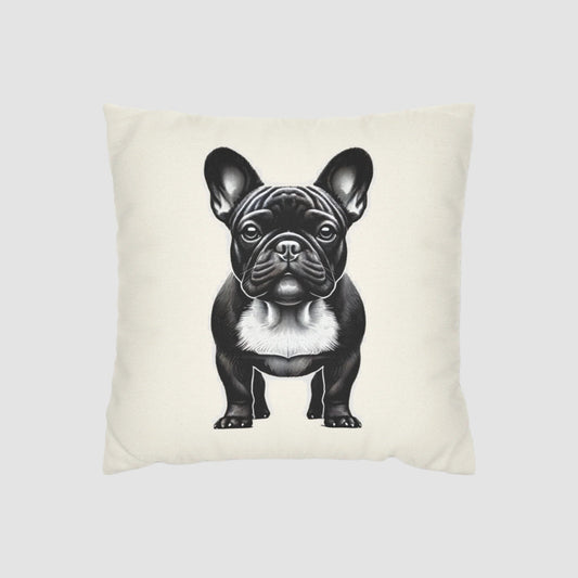 Cream colored pillowcase with black and white portrait of a french bulldog