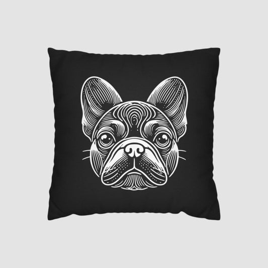 Black pillowcase with white woodcut portrait of a french bulldog 
