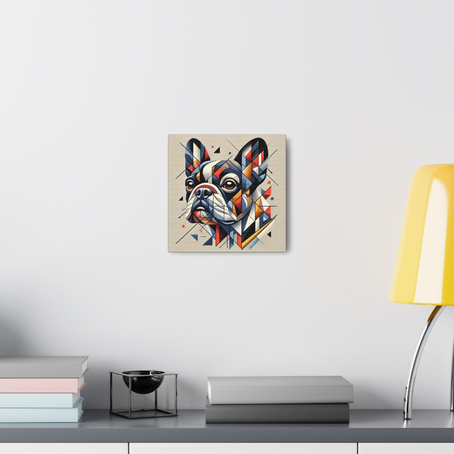 Gallery wrap canvas with Cubist portrait of a Frenchie, hanging on a wall