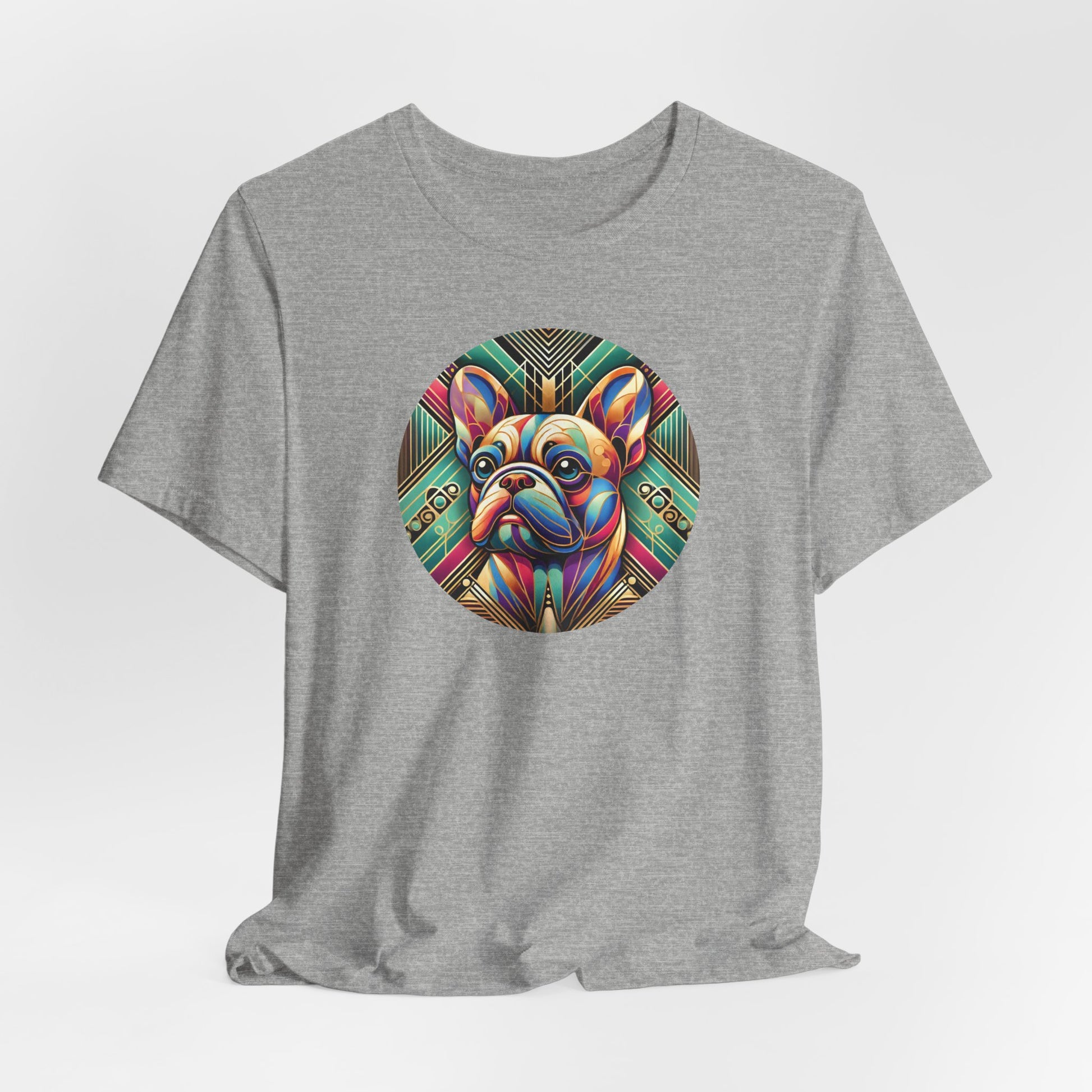 Athletic heather t-shirt with Art Deco style french bulldog portrait