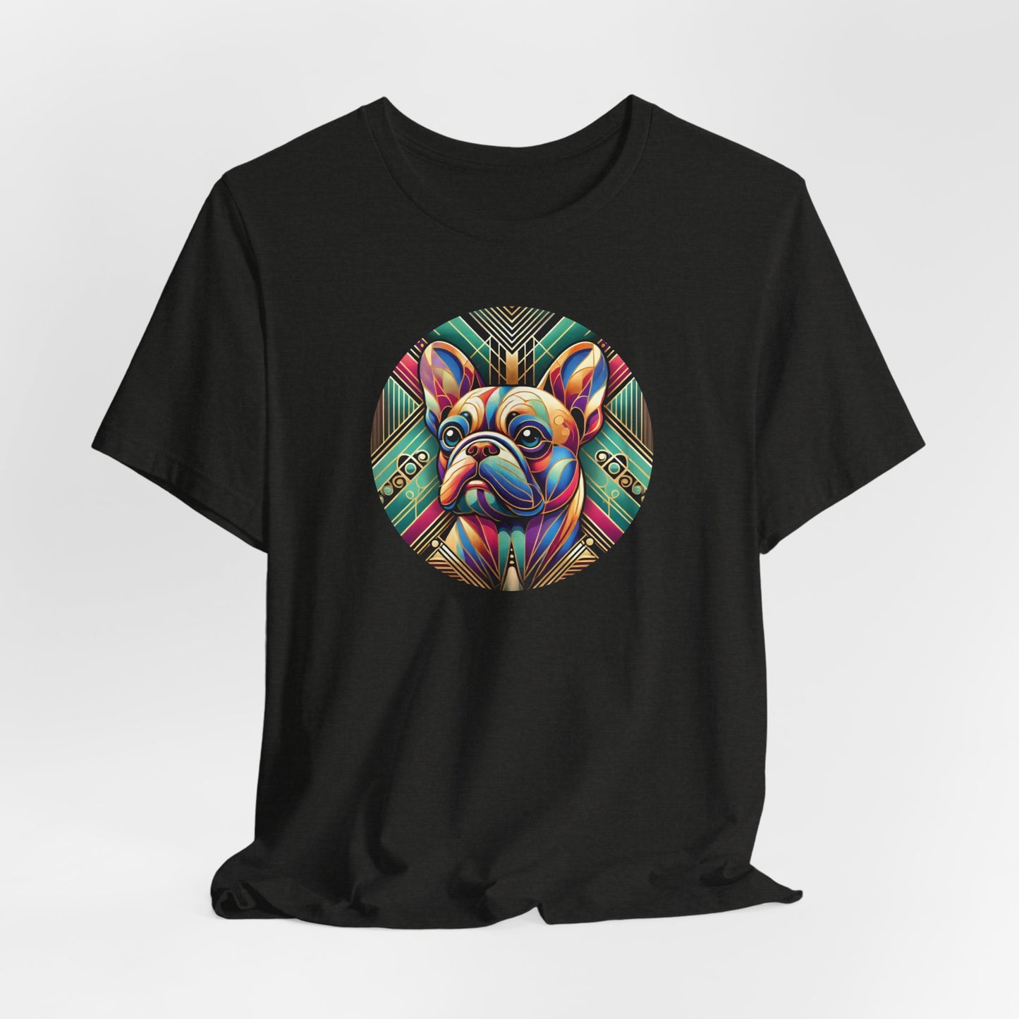 Black t-shirt with Art Deco art style french bulldog portrait