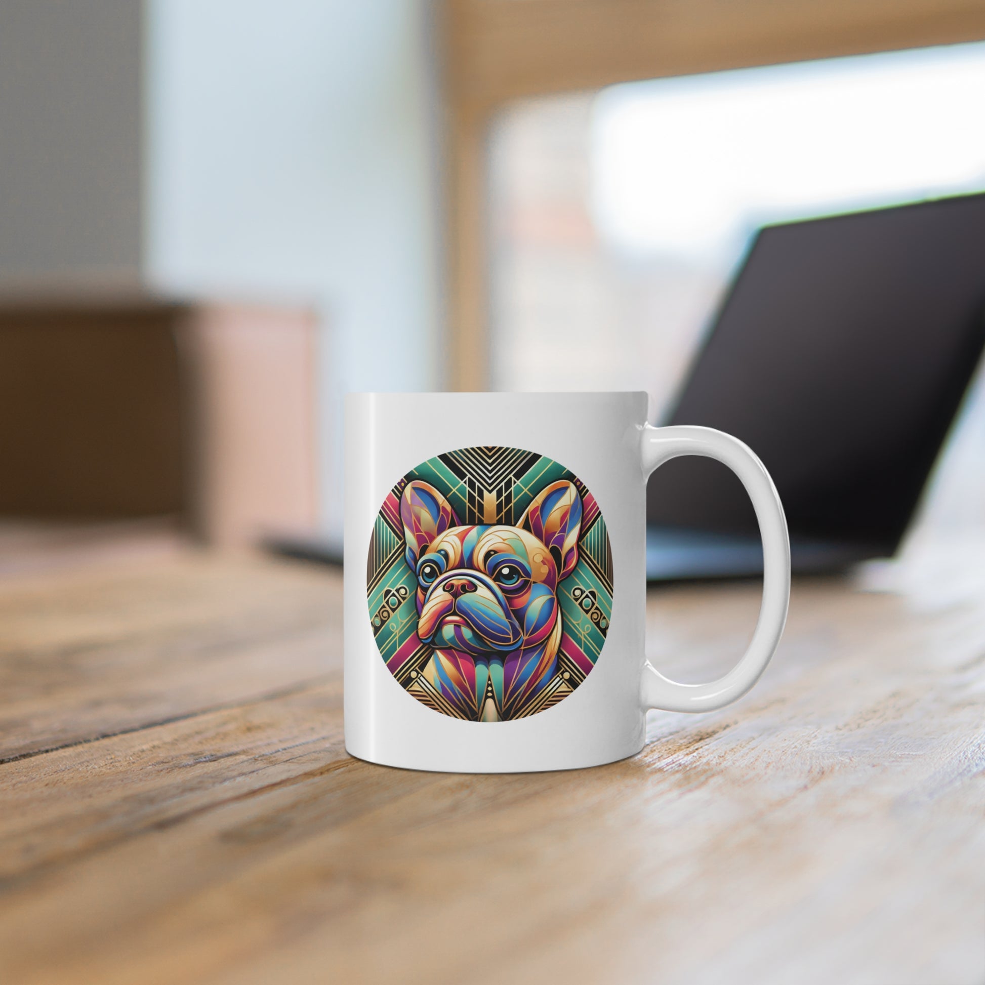 White ceramic mug with an Art Deco style portrait of a French Bulldog on a wooden tabletop