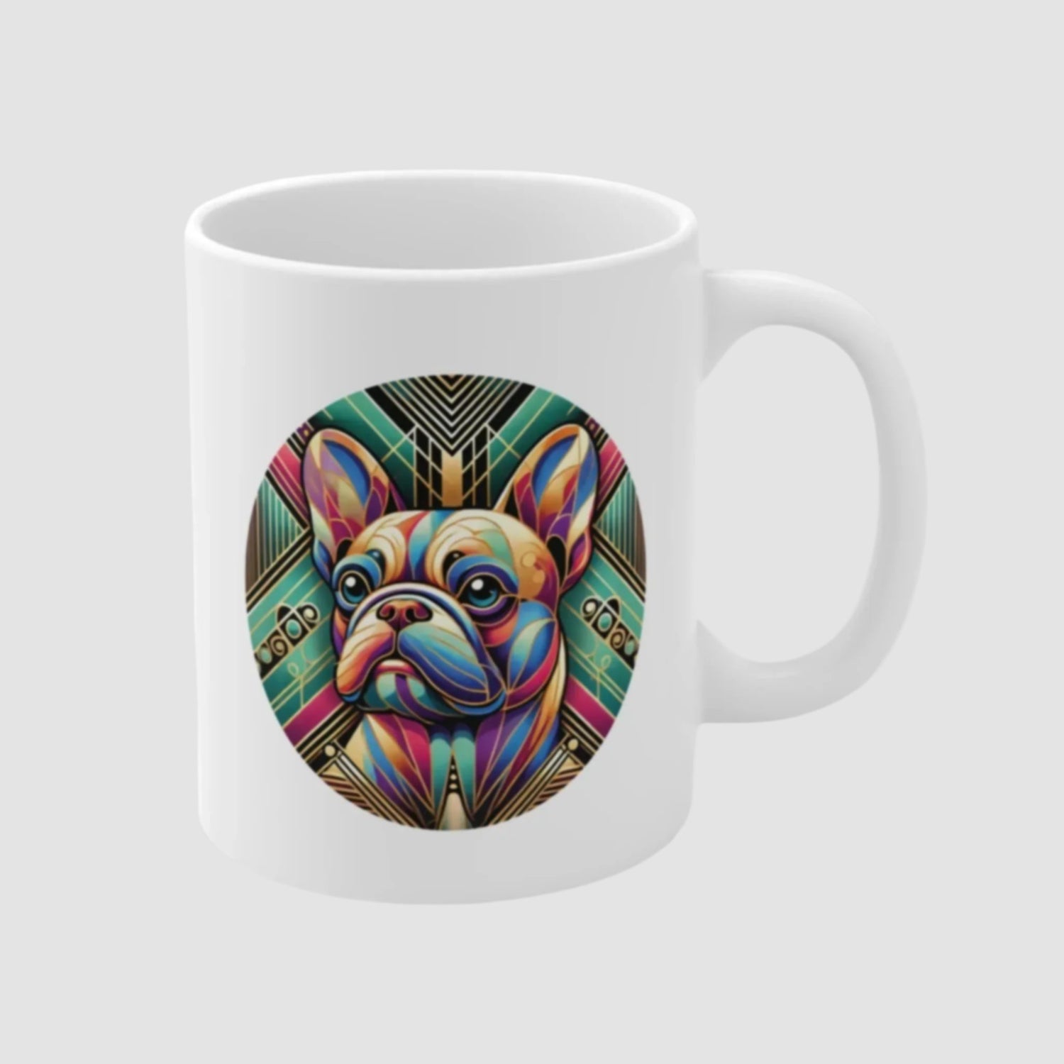 White ceramic mug with an Art Deco style portrait of a French Bulldog