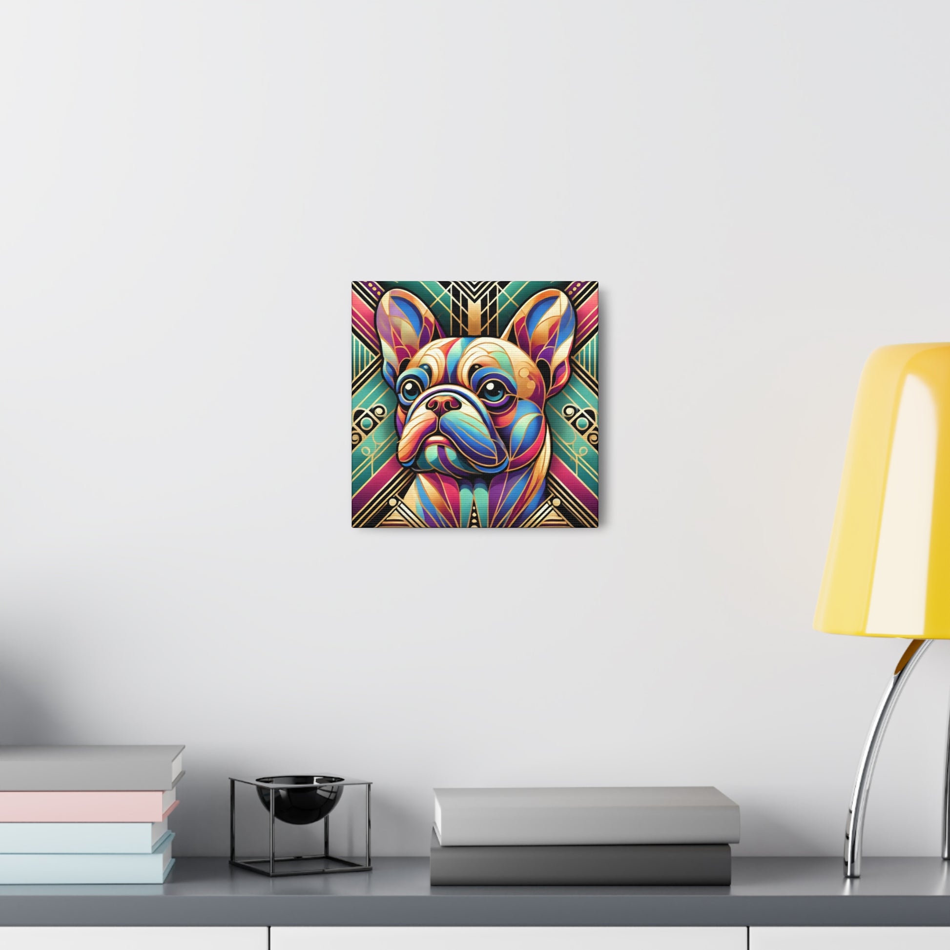 Gallery wrap canvas with Art Deco portrait of a Frenchie, hanging on a wall