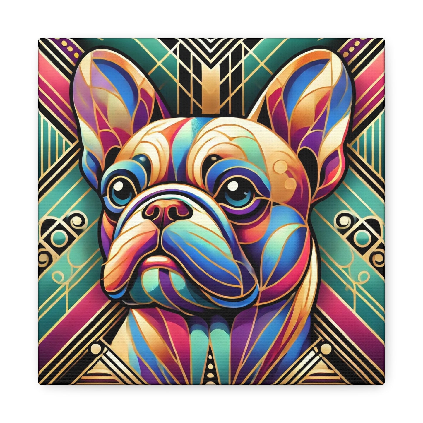 Gallery wrap canvas with Art Deco portrait of a Frenchie, front view