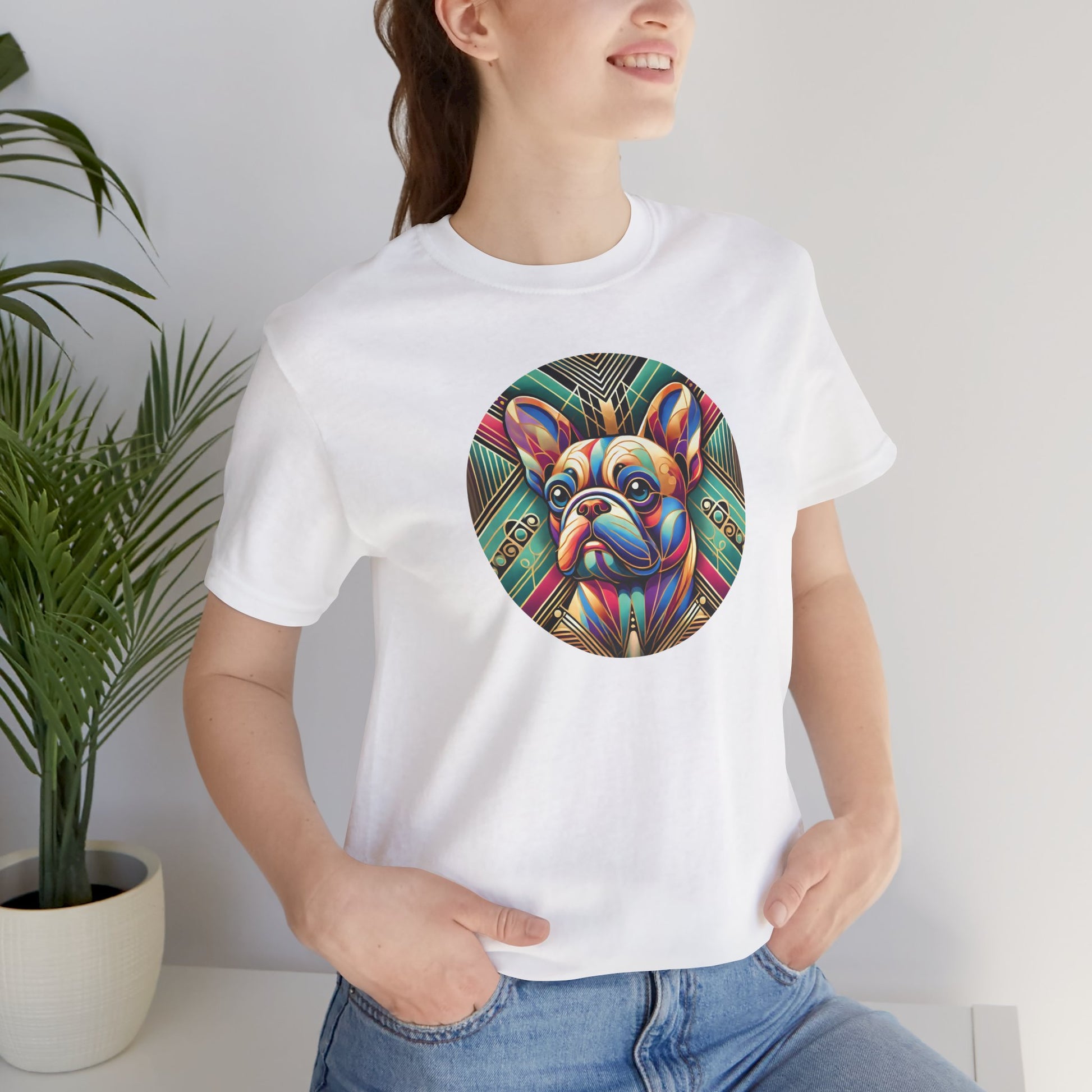 White t-shirt with Art Deco style french bulldog portrait on female model