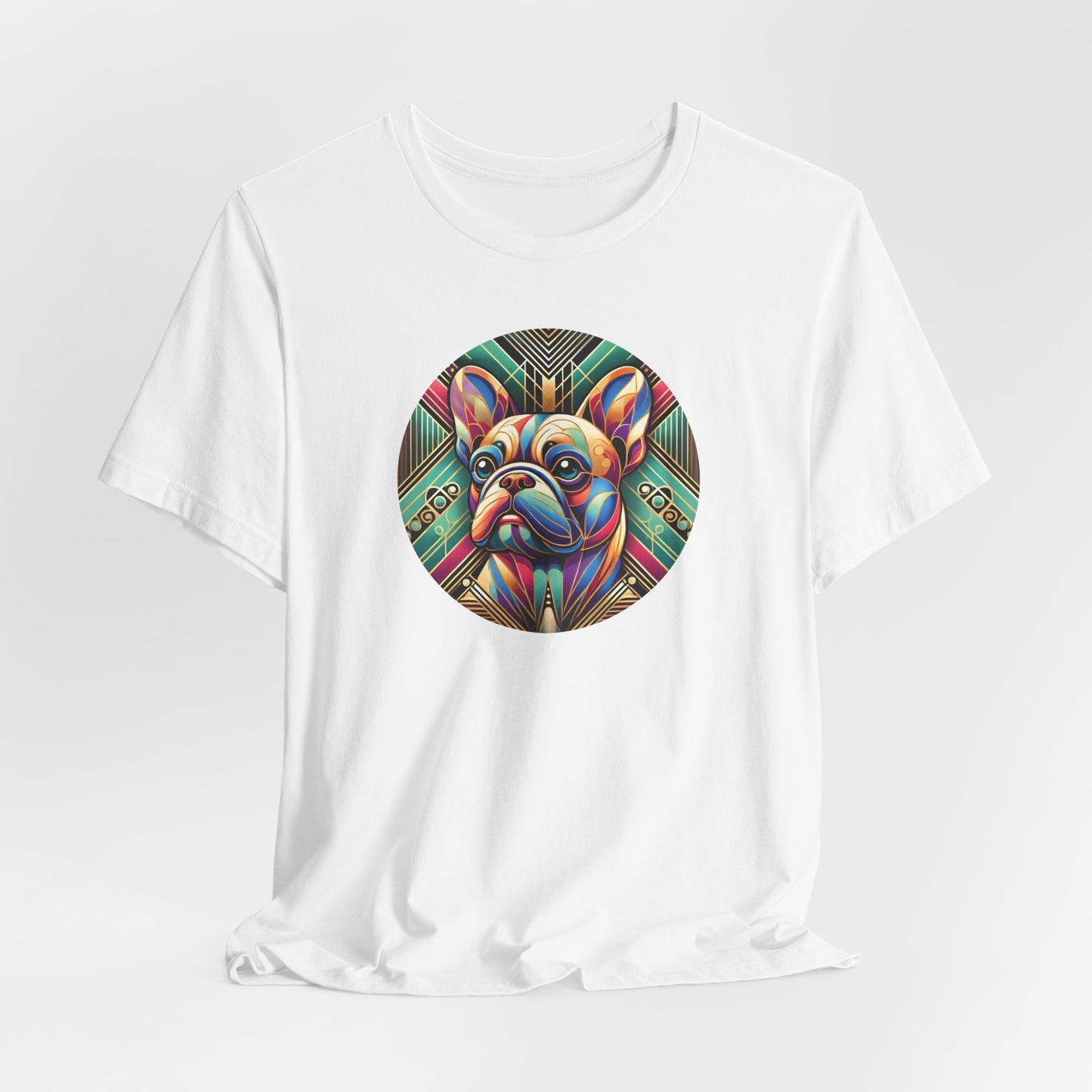 White t-shirt with Art Deco style french bulldog portrait