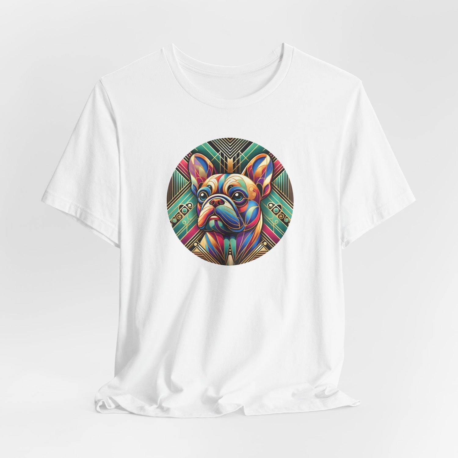 White t-shirt with Art Deco style french bulldog portrait