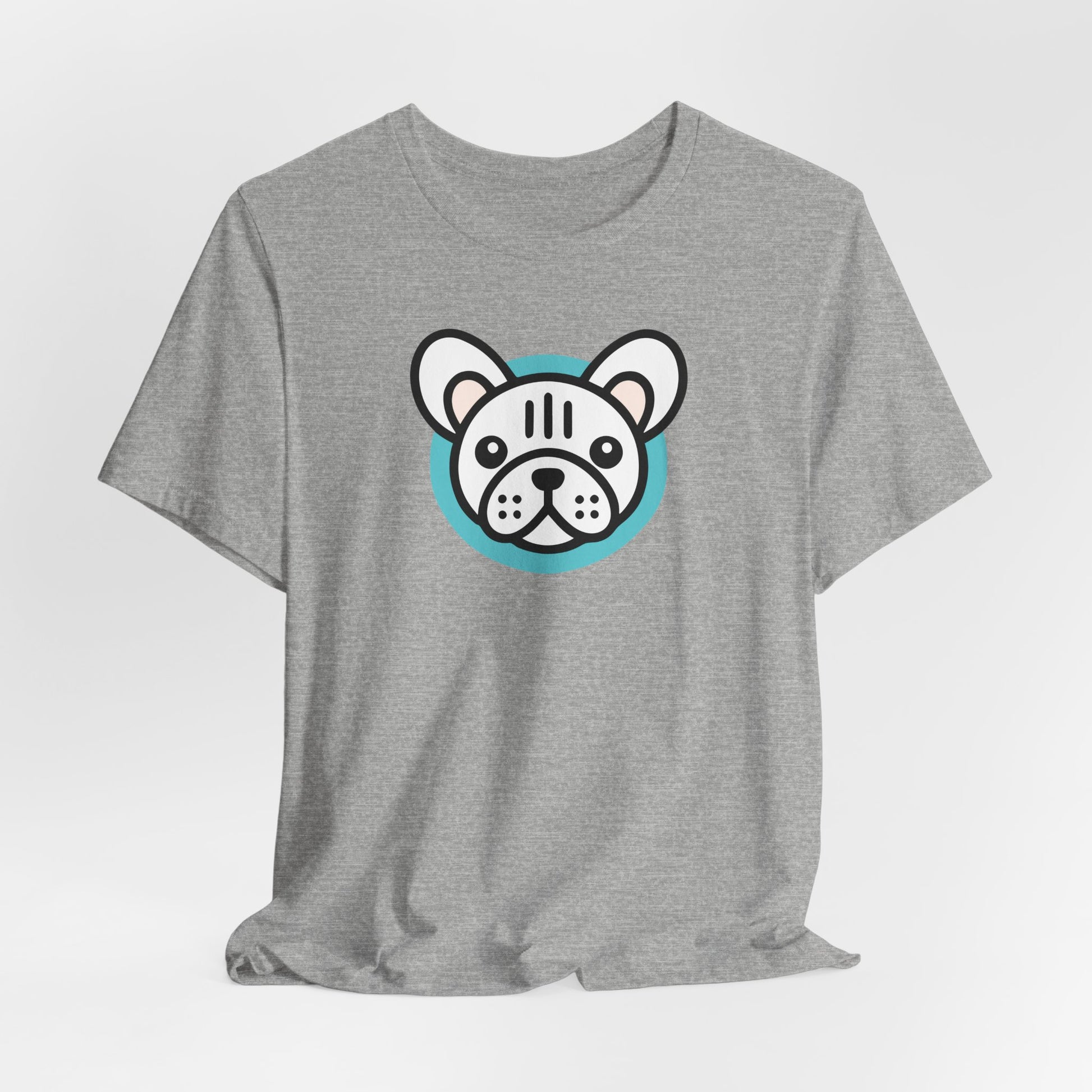 Athletic Heather t-shirt with an illustration of a white frenchie
