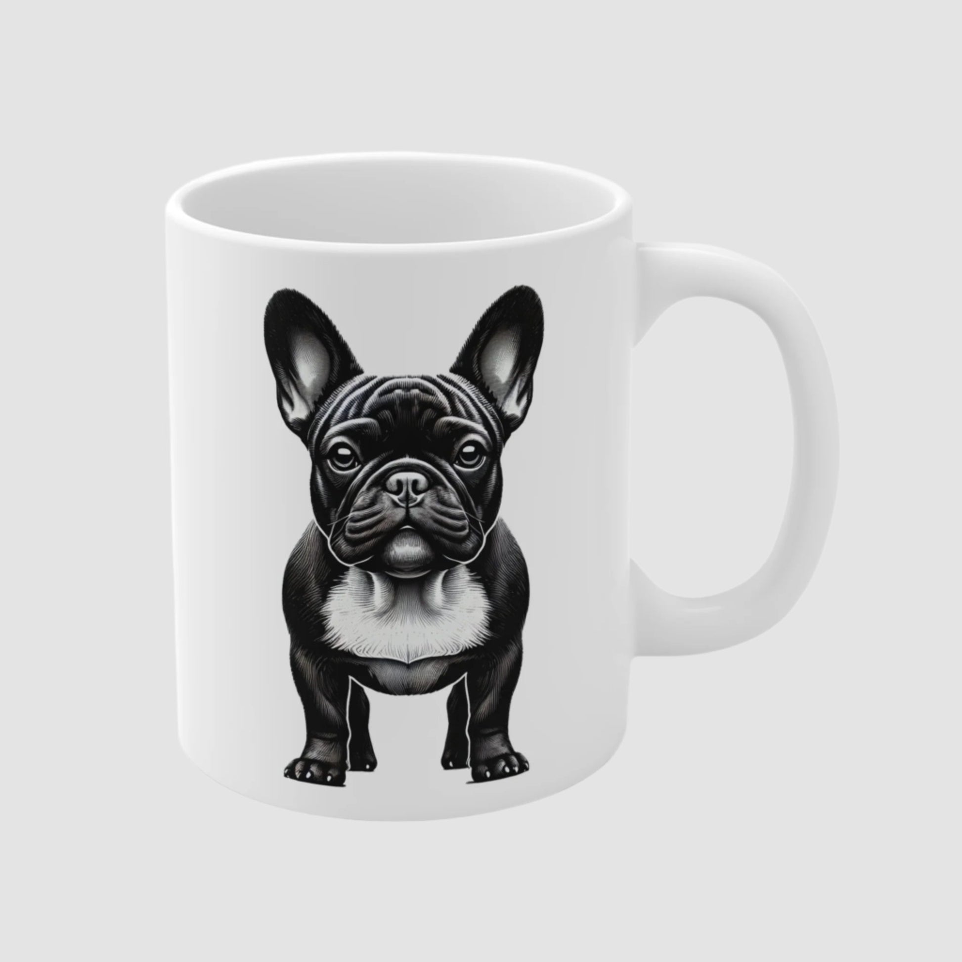 White ceramic mug with portrait of a black and white French Bulldog