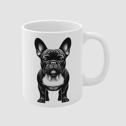 White ceramic mug with portrait of a black and white French Bulldog