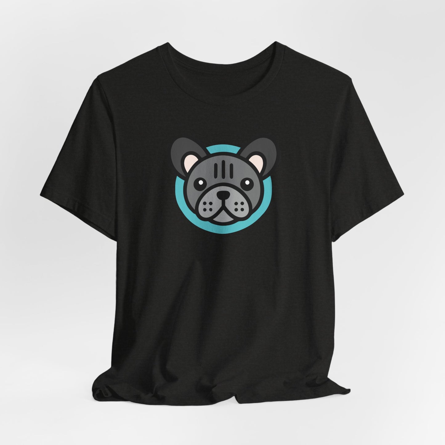 Black t-shirt with an illustration of a blue frenchie