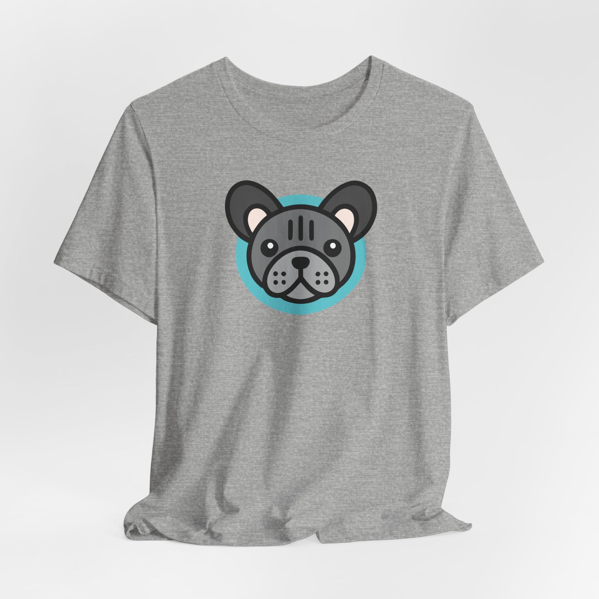 Athletic heather  t-shirt with an illustration of a blue frenchie