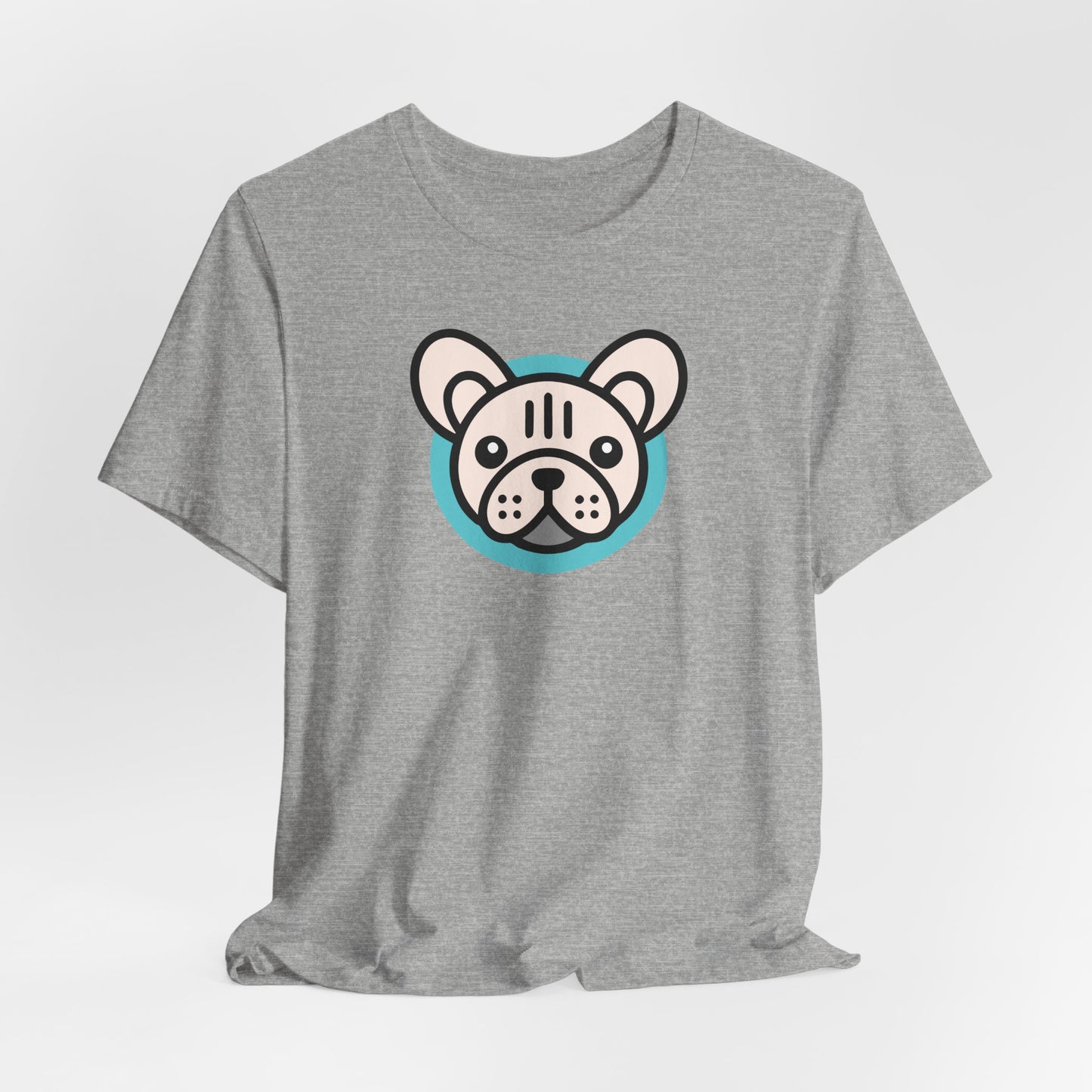 athletic heather t-shirt with an illustration of a cream frenchie