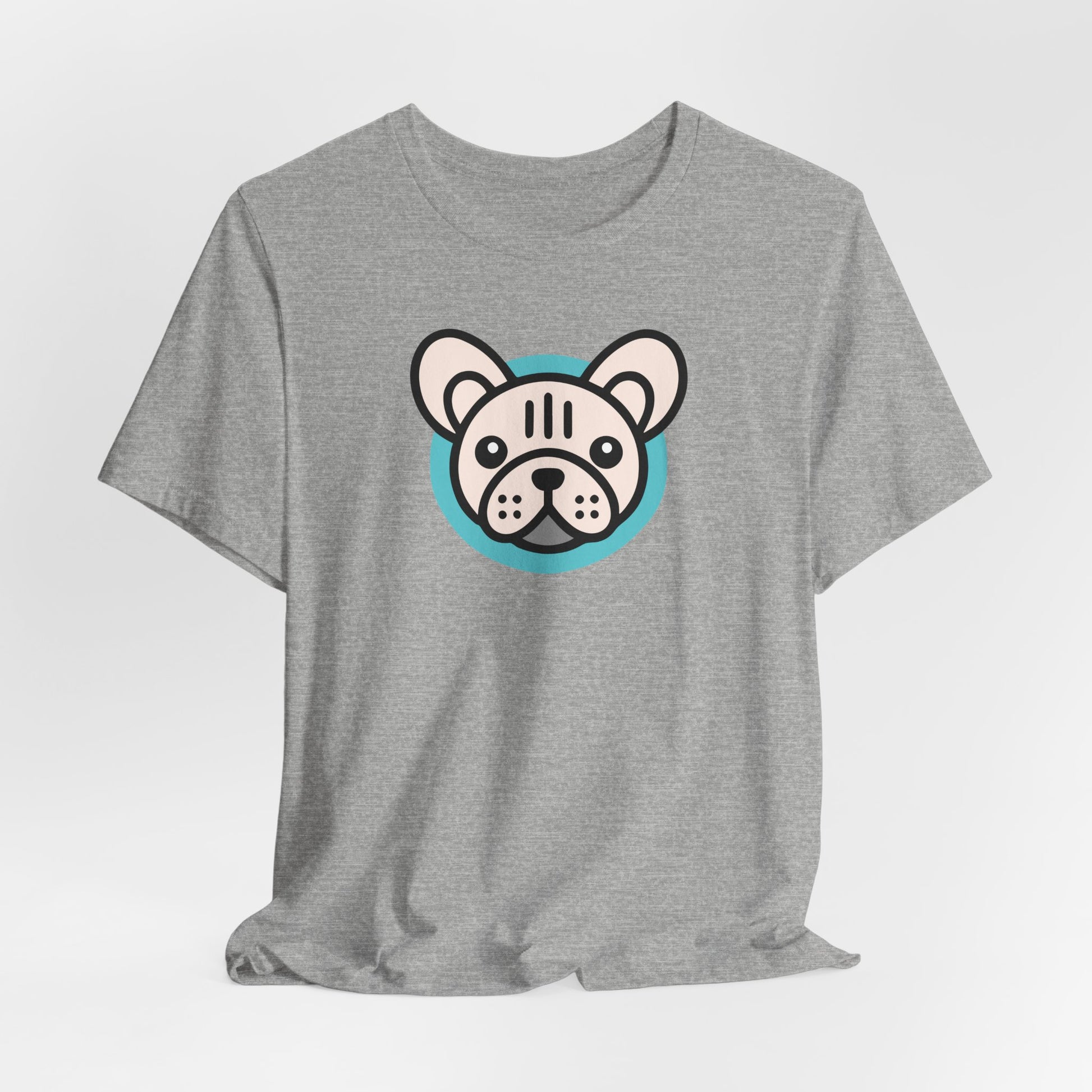 athletic heather t-shirt with an illustration of a cream frenchie