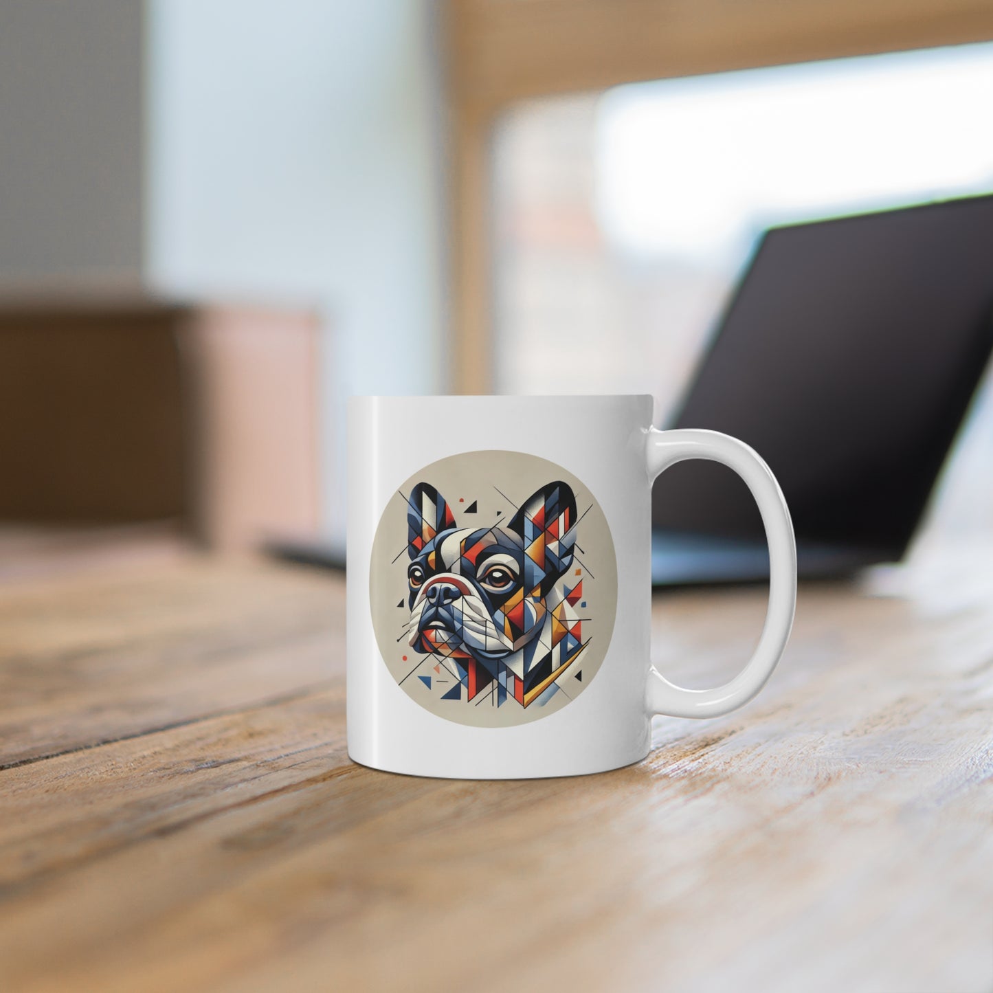 White ceramic mug with Cubist art style portrait of a French Bulldog on wood table