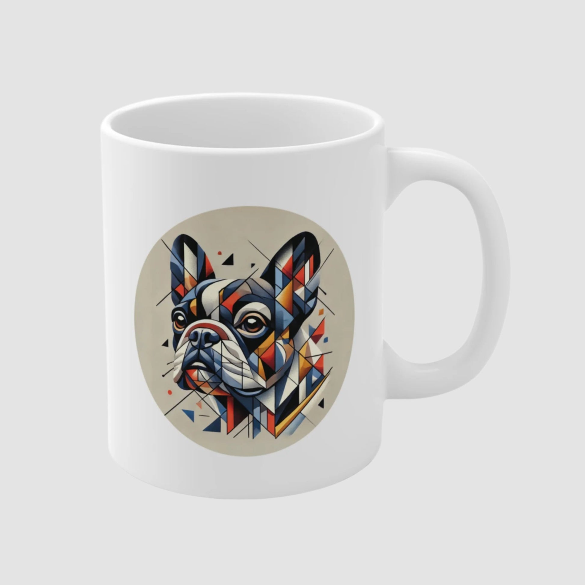 White ceramic mug with Cubist art style portrait of a French Bulldog