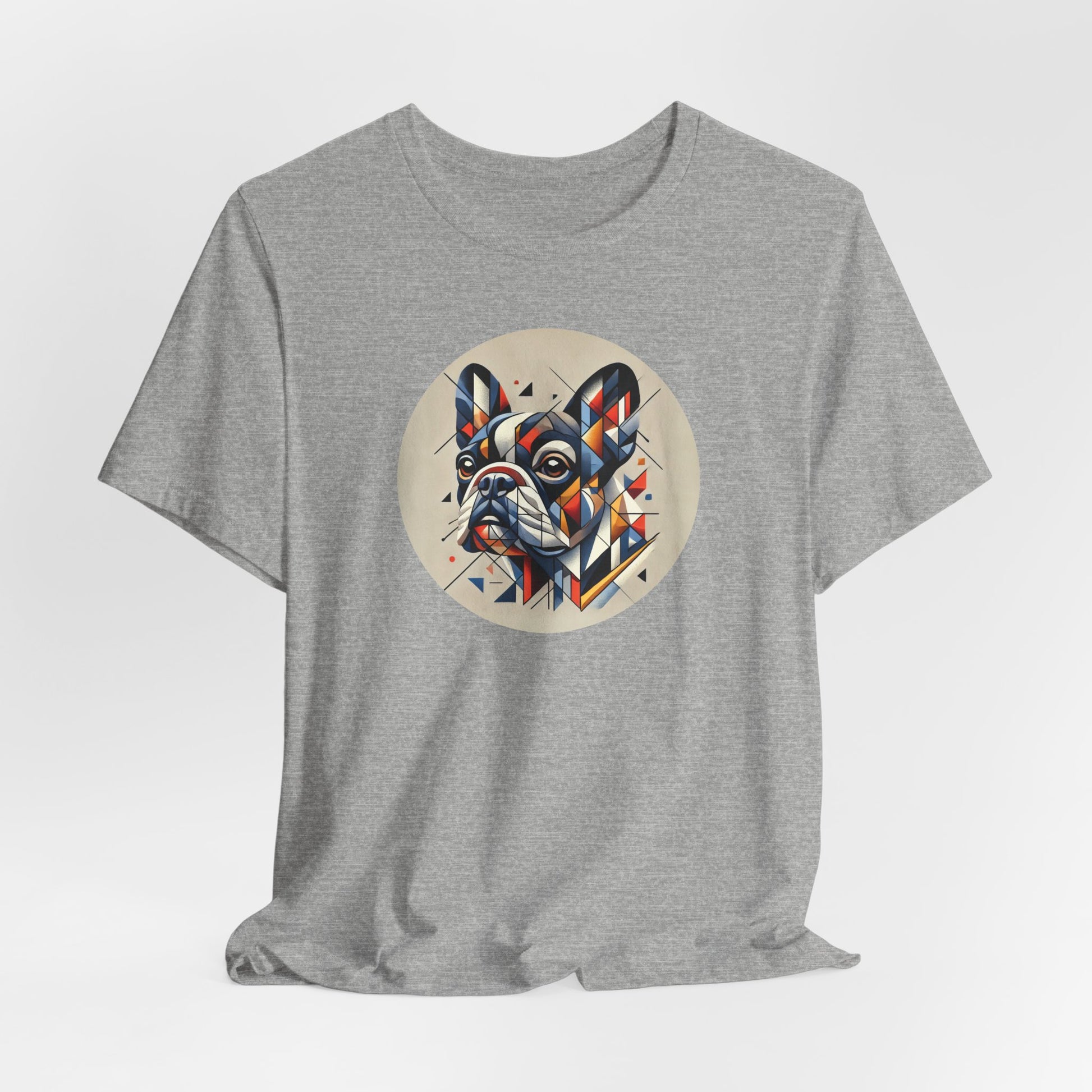 Athletic heather t-shirt with Cubist art style french bulldog portrait