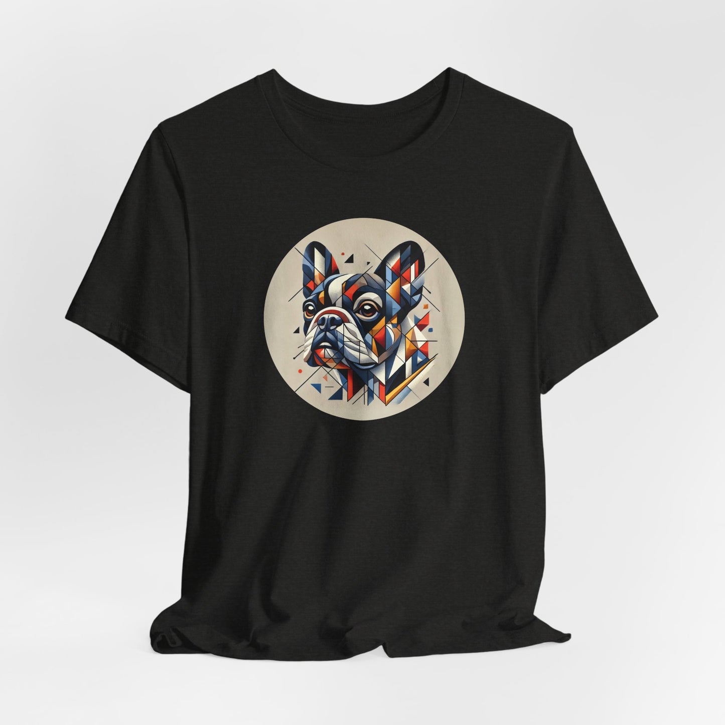 Black t-shirt with Cubist art style french bulldog portrait