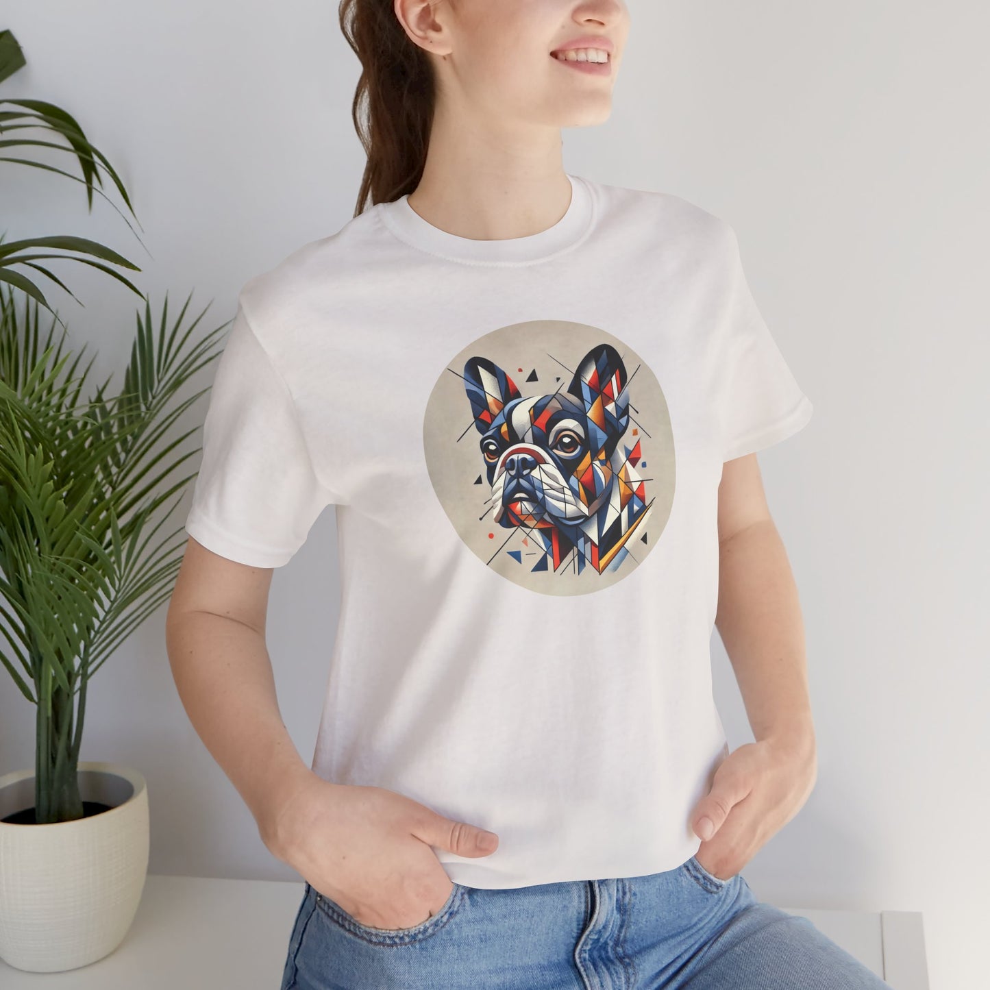 White t-shirt with Cubist art style french bulldog portrait on female model