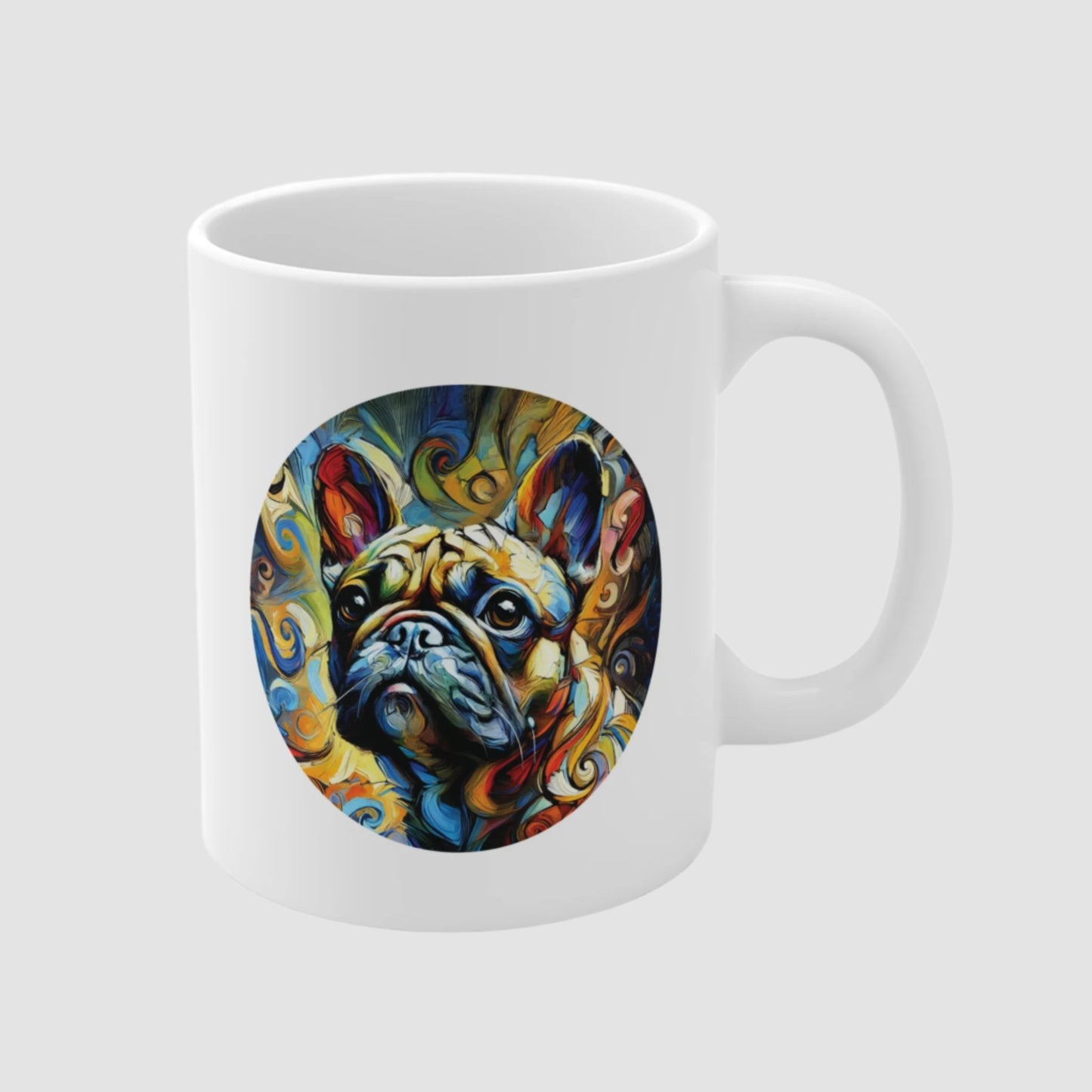 White ceramic mug with Expressionist art style portrait of a French Bulldog