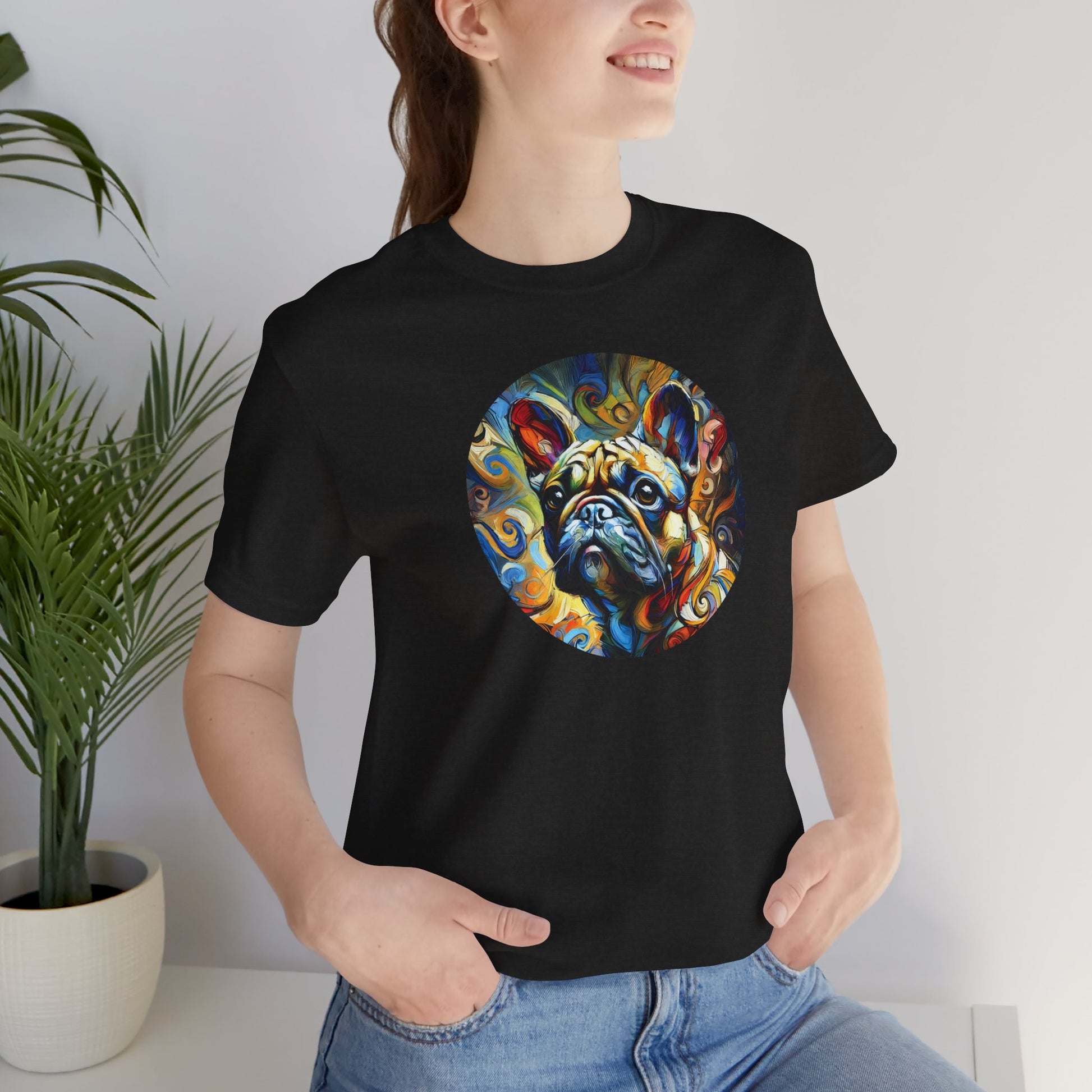 Black t-shirt with Expressionist art style french bulldog portrait on female model