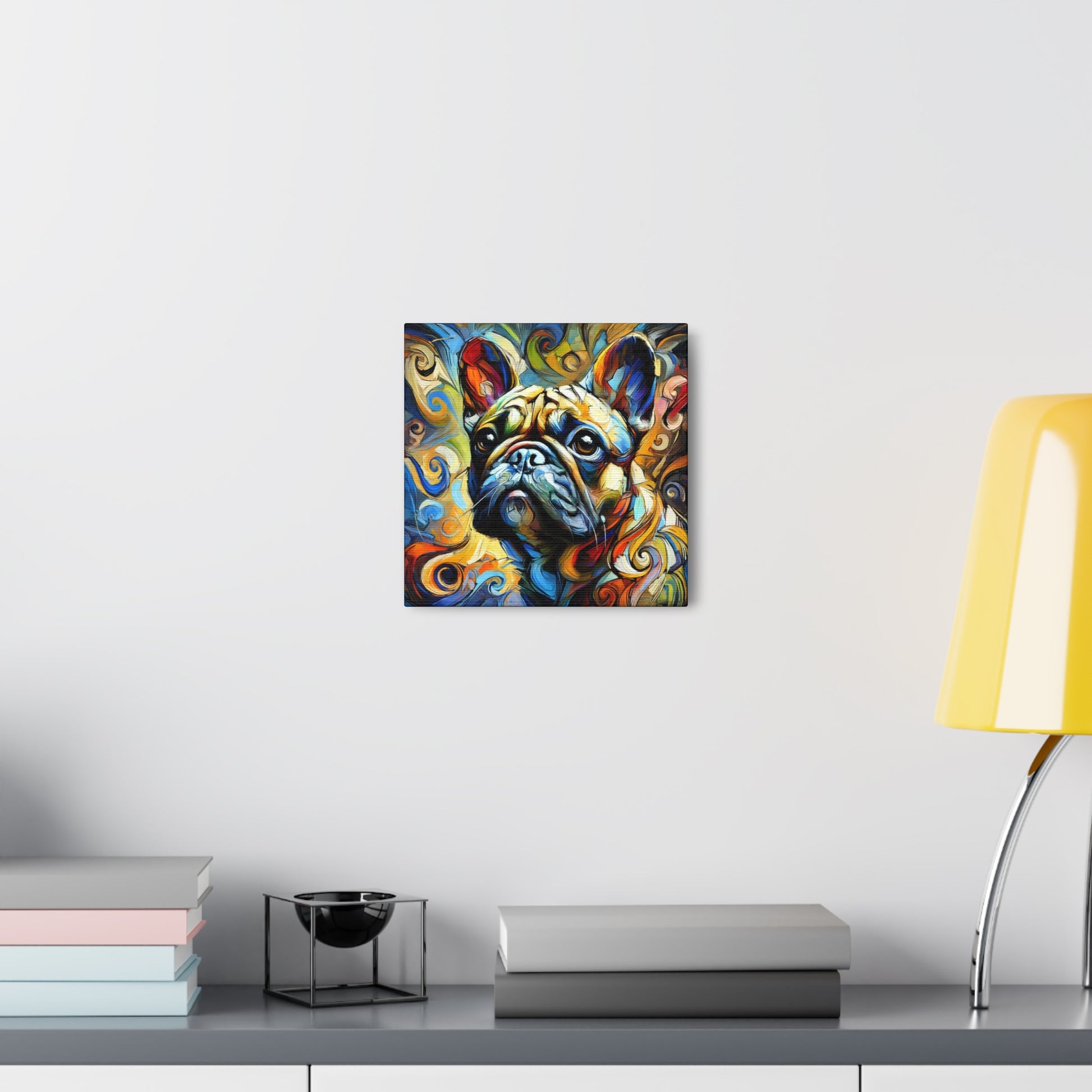 Gallery wrap canvas with Expressionist portrait of a Frenchie, hanging on a white wall