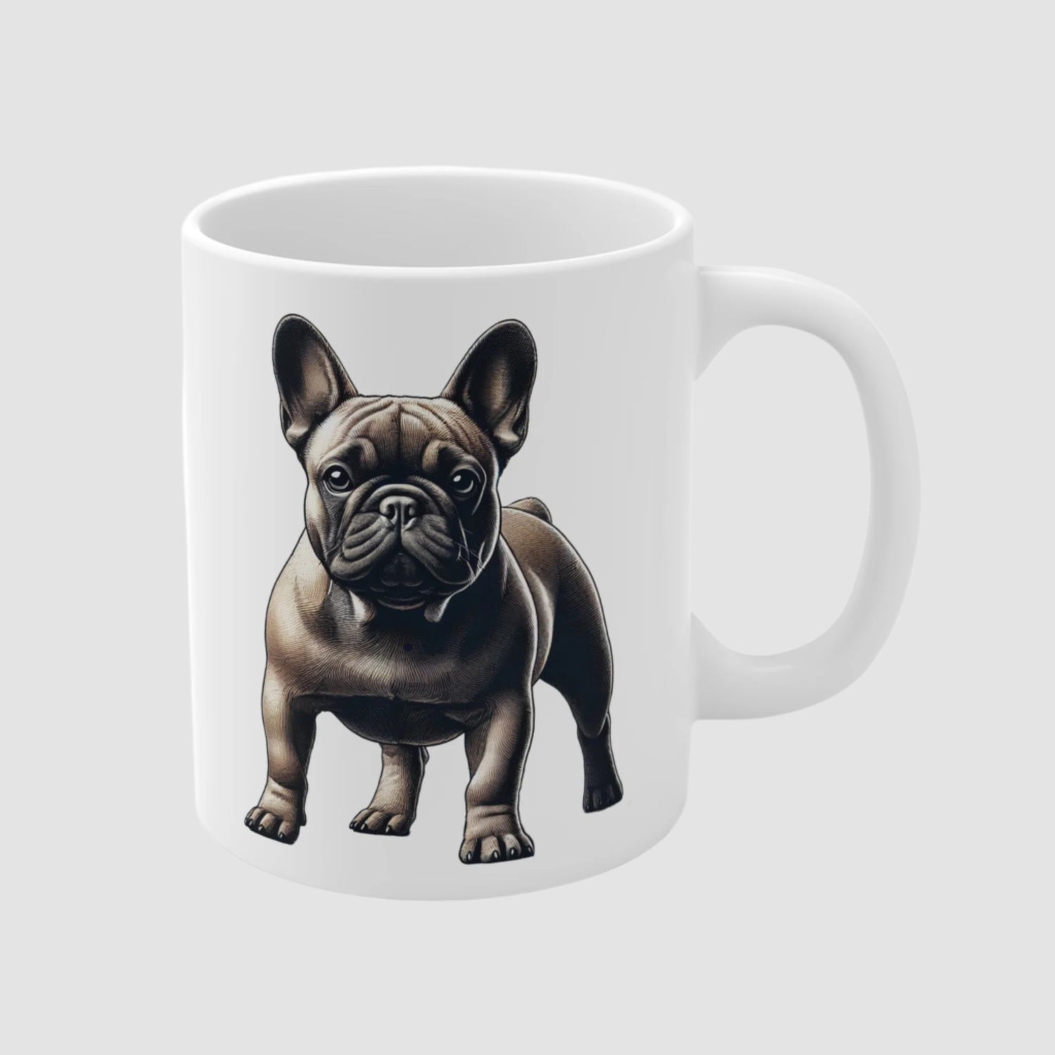 White ceramic mug with portrait of a fawn-colored French Bulldog