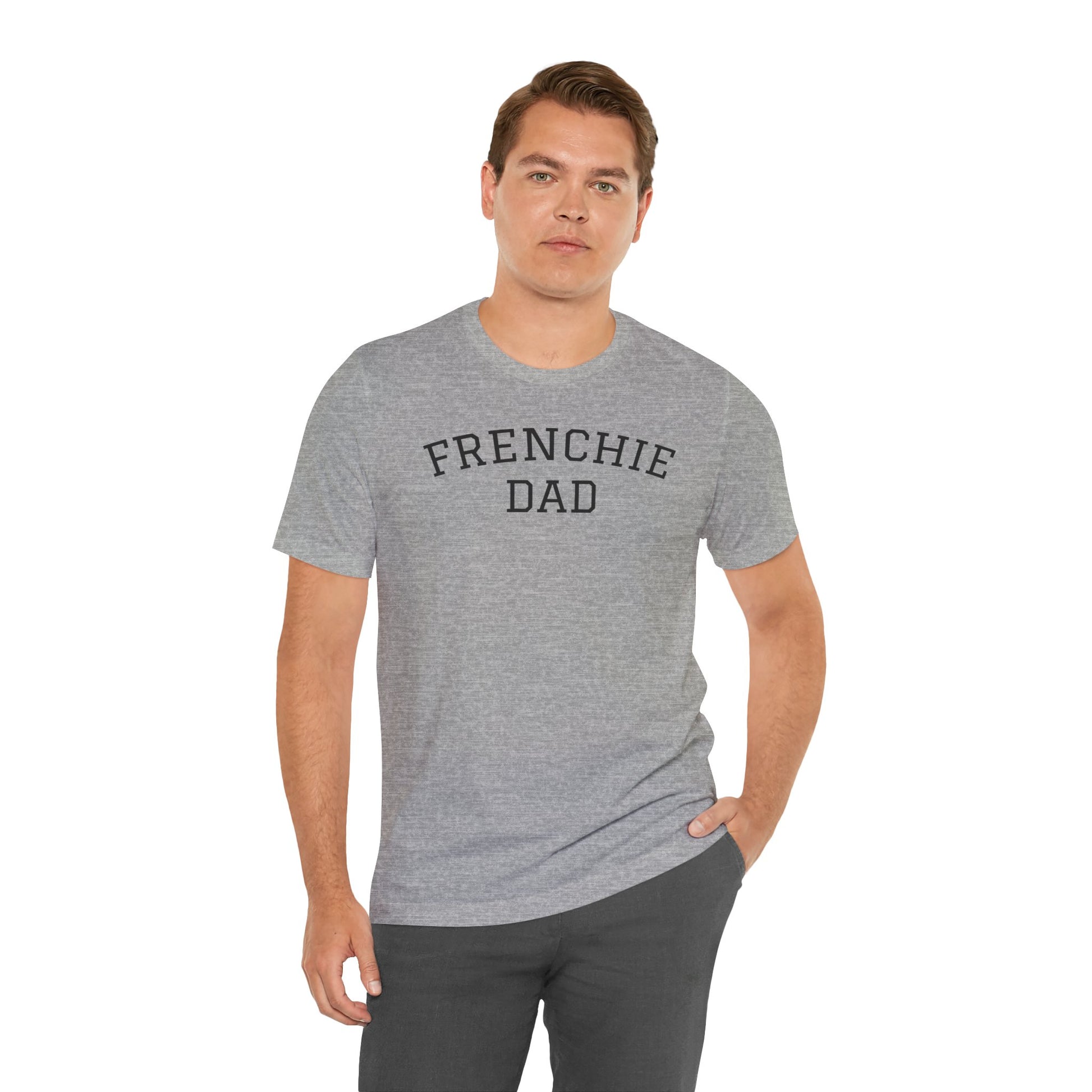 Athletic heather t-shirt with the slogan "Frenchie Dad" on male model
