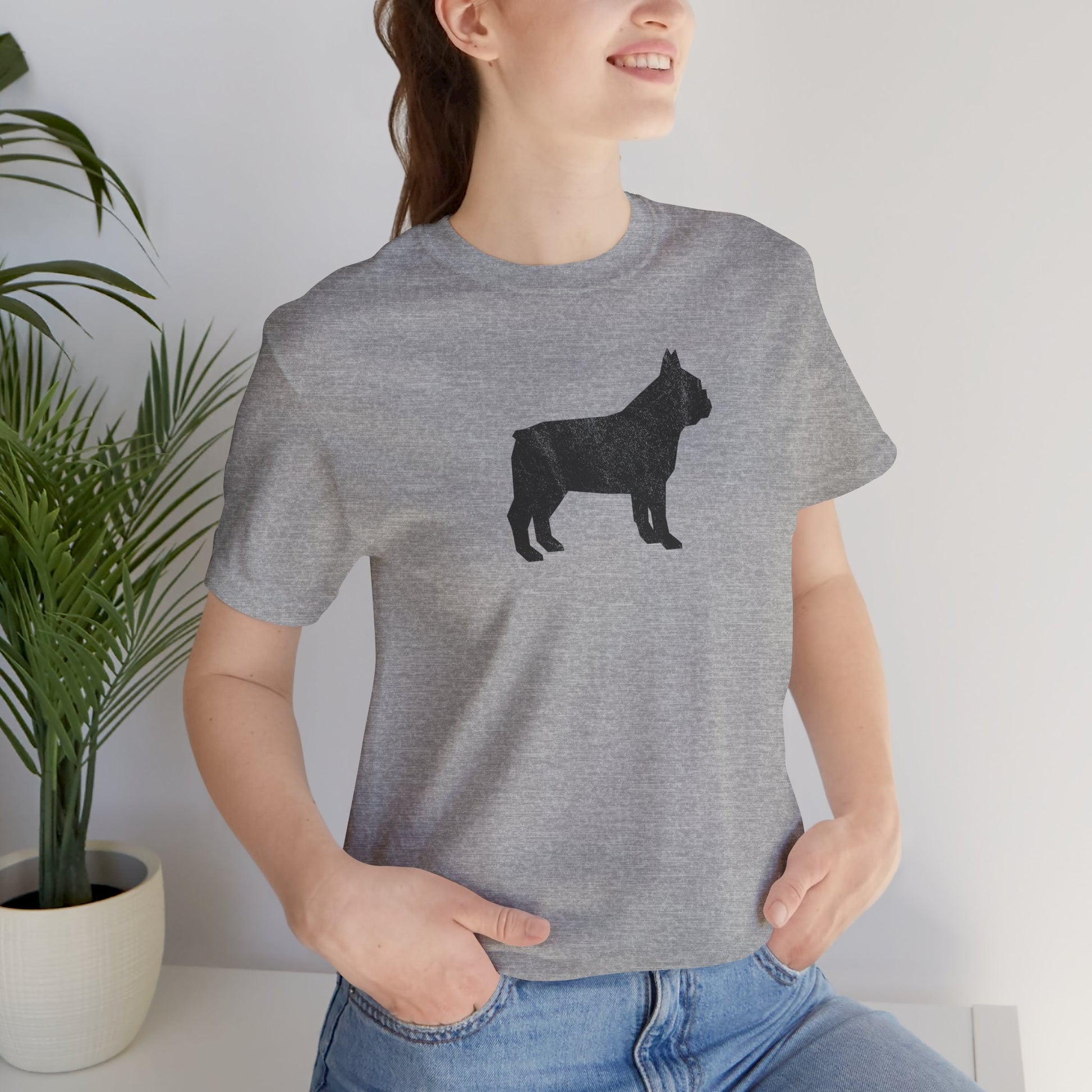 Athletic heather t-shirt with black french bulldog silhouette on female model