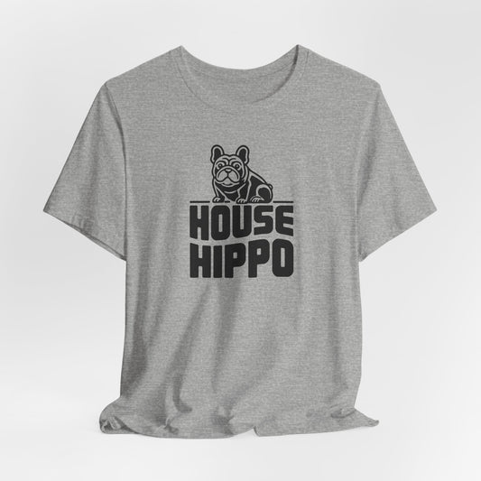 Athletic heather t-shirt with french bulldog illustration and the slogan "House Hippo"