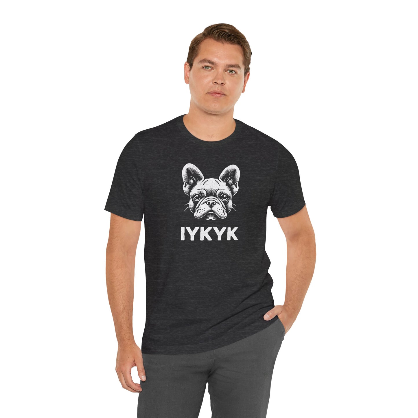 Heather black t-shirt with French Bulldog face and slogan "IYKYK" on male model