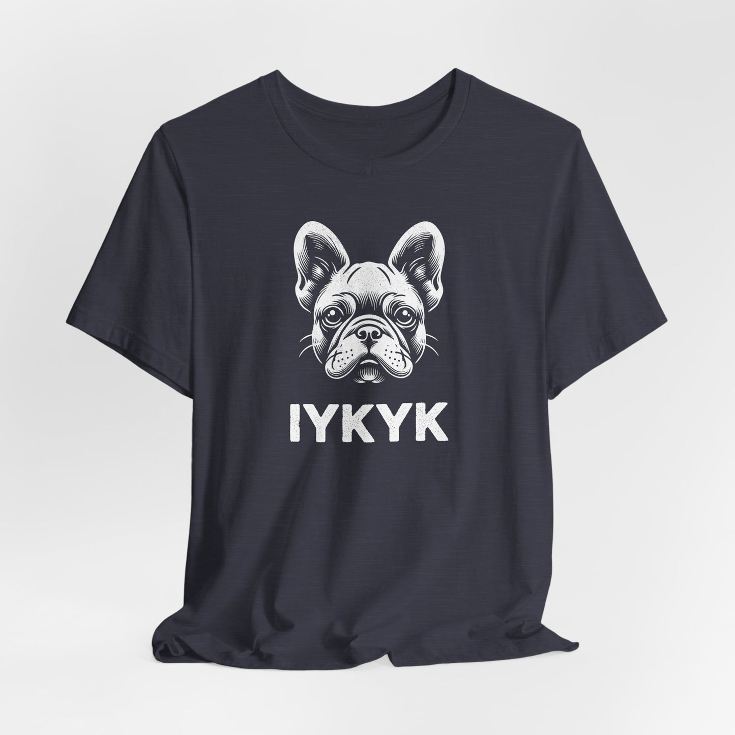 Heather Midnight Navy t-shirt with French Bulldog face and slogan "IYKYK"