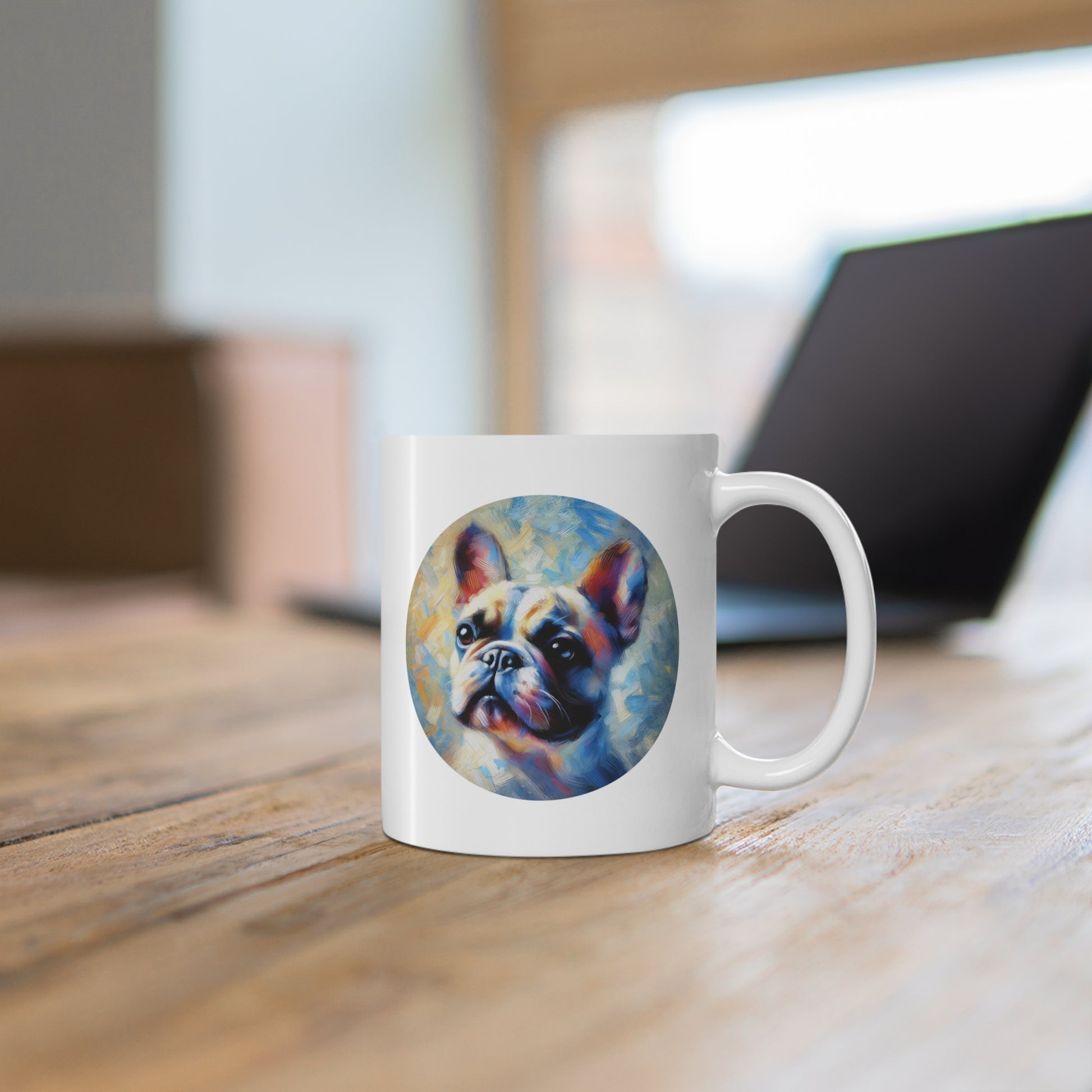 White ceramic mug with Impressionist art style portrait of a French Bulldog on a wooden tabletop