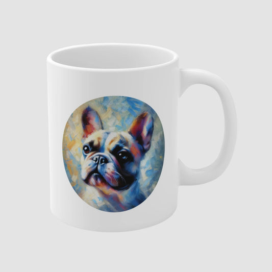 White ceramic mug with Impressionist art style portrait of a French Bulldog