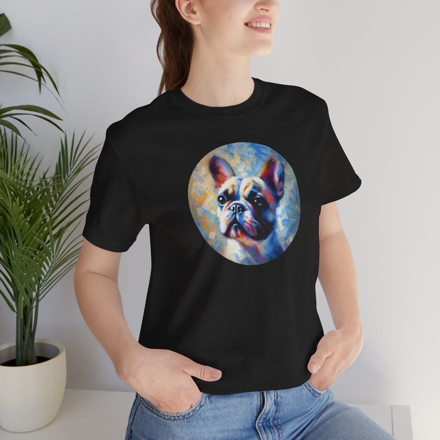 Black t-shirt with Impressionist art style french bulldog portrait on female model