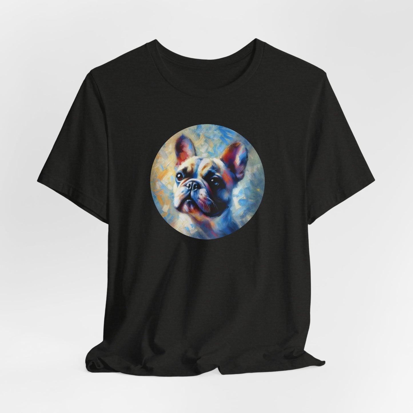 Black t-shirt with Impressionist art style french bulldog portrait