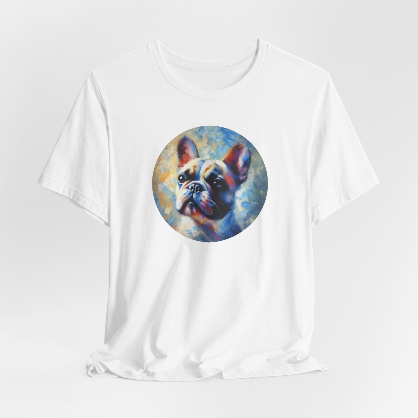 White t-shirt with Impressionist art style french bulldog portrait