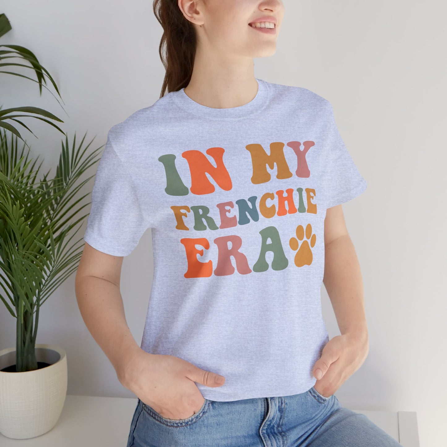 Heather prism blue t-shirt with the slogan In My Frenchie Era on female model