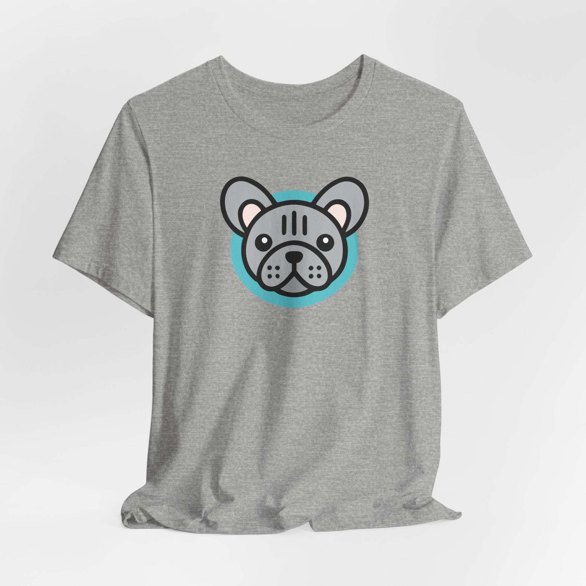 Athletic Heather t-shirt with an illustration of a lilac frenchie
