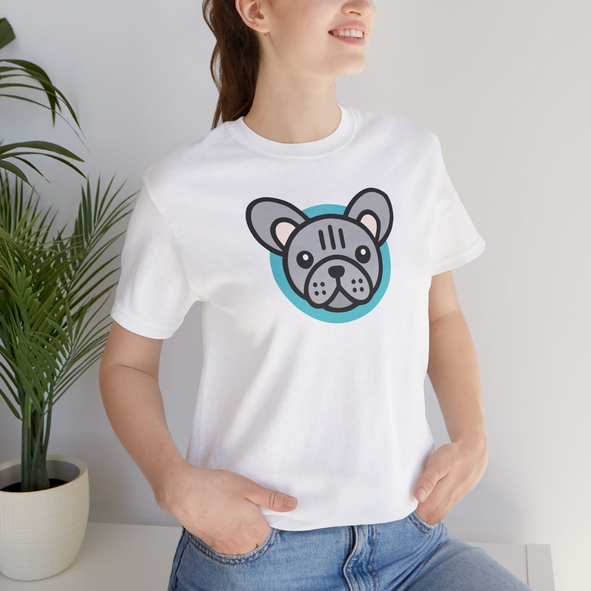 White t-shirt with an illustration of a lilac frenchie on female model
