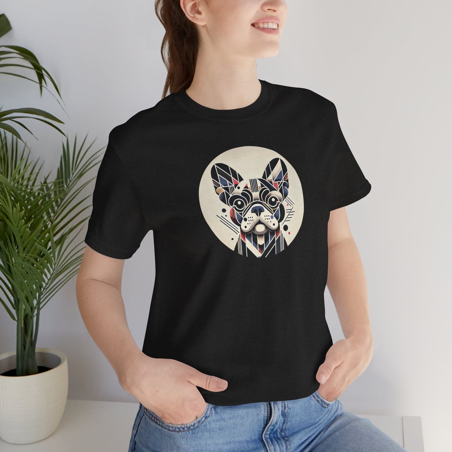 Black t-shirt with Modern art style french bulldog portrait on female model