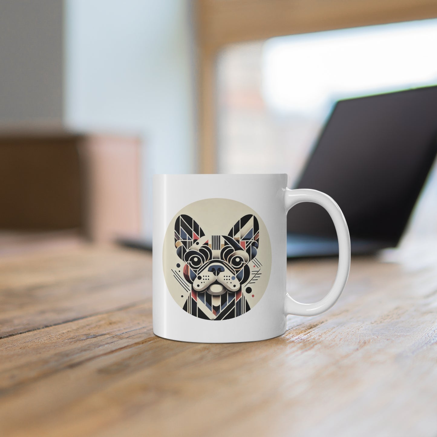 White ceramic mug with Modern Art style portrait of a French Bulldog on wooden tabletop