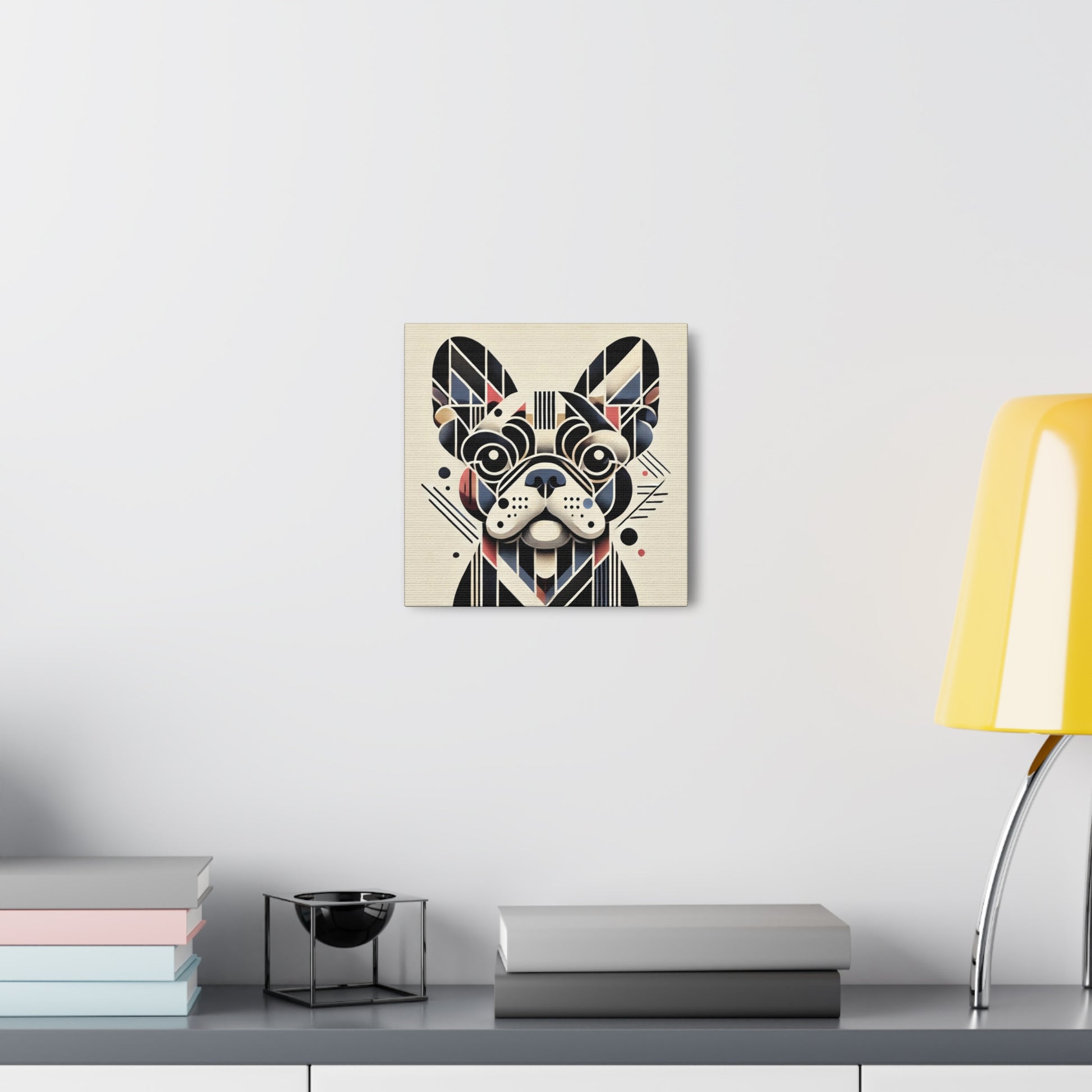 Gallery wrap canvas with Modern Art portrait of a Frenchie, hanging on a white wall