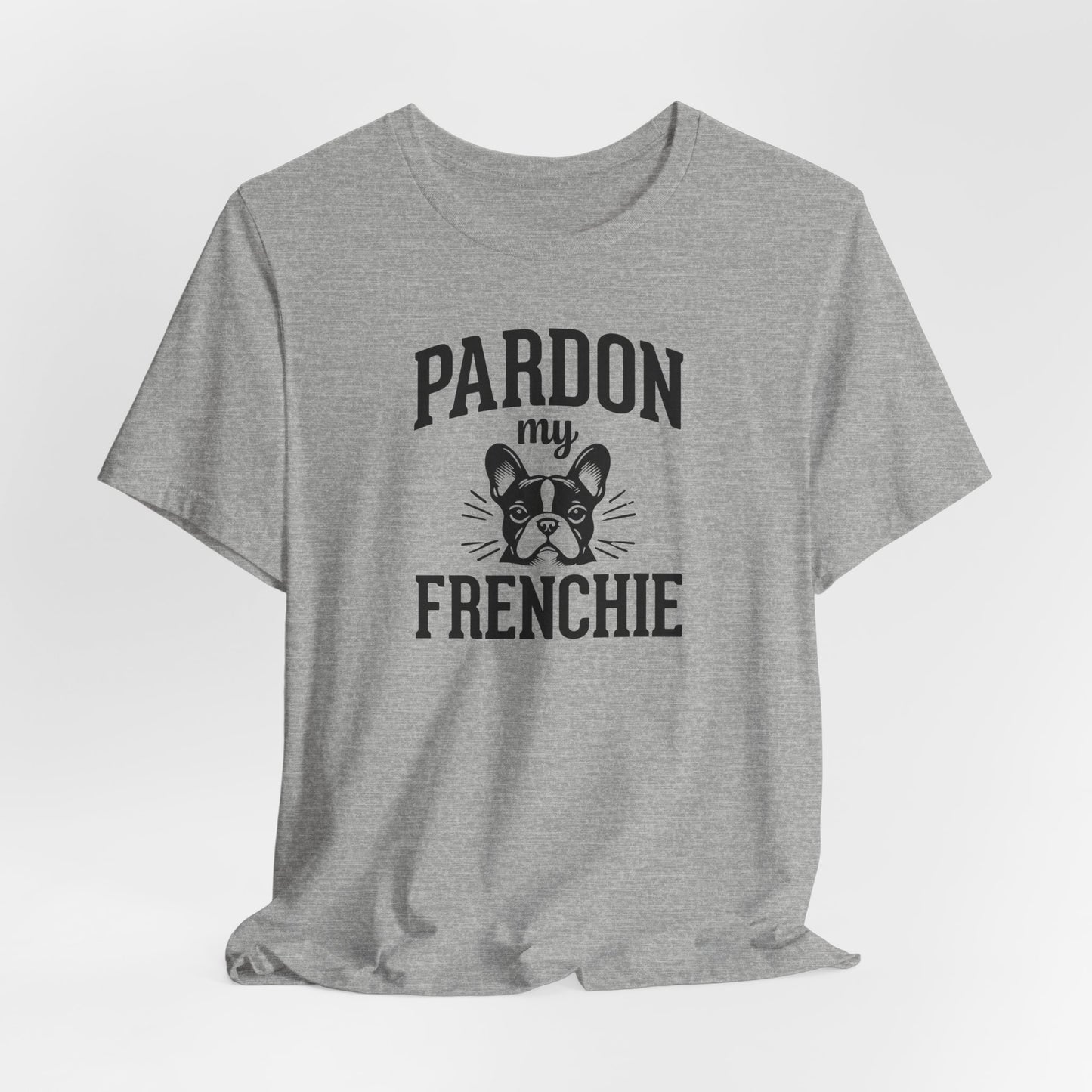 Athletic heather t-shirt with french bulldog face and the slogan "Pardon My Frenchie"