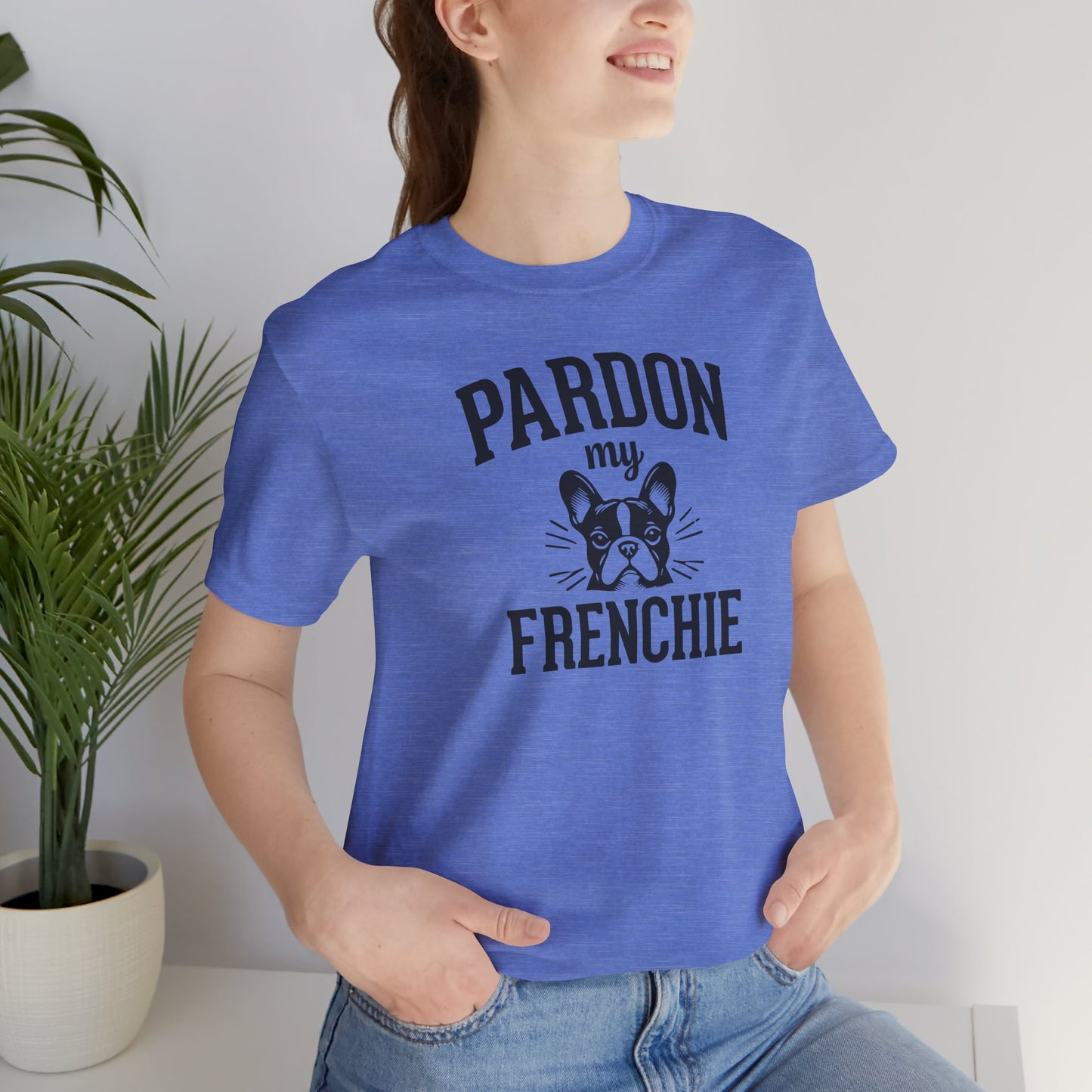 Heather Columbia Blue t-shirt with french bulldog face and the slogan "Pardon My Frenchie" on female model