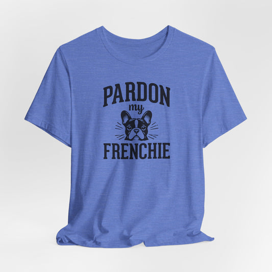 Heather Columbia Blue t-shirt with french bulldog face and the slogan "Pardon My Frenchie"
